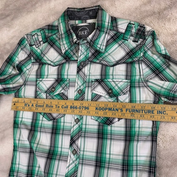 BKE Tailored Fit Mens Small Green Plaid Western Button Down Shirt Long Sleeve - Picture 6 of 10